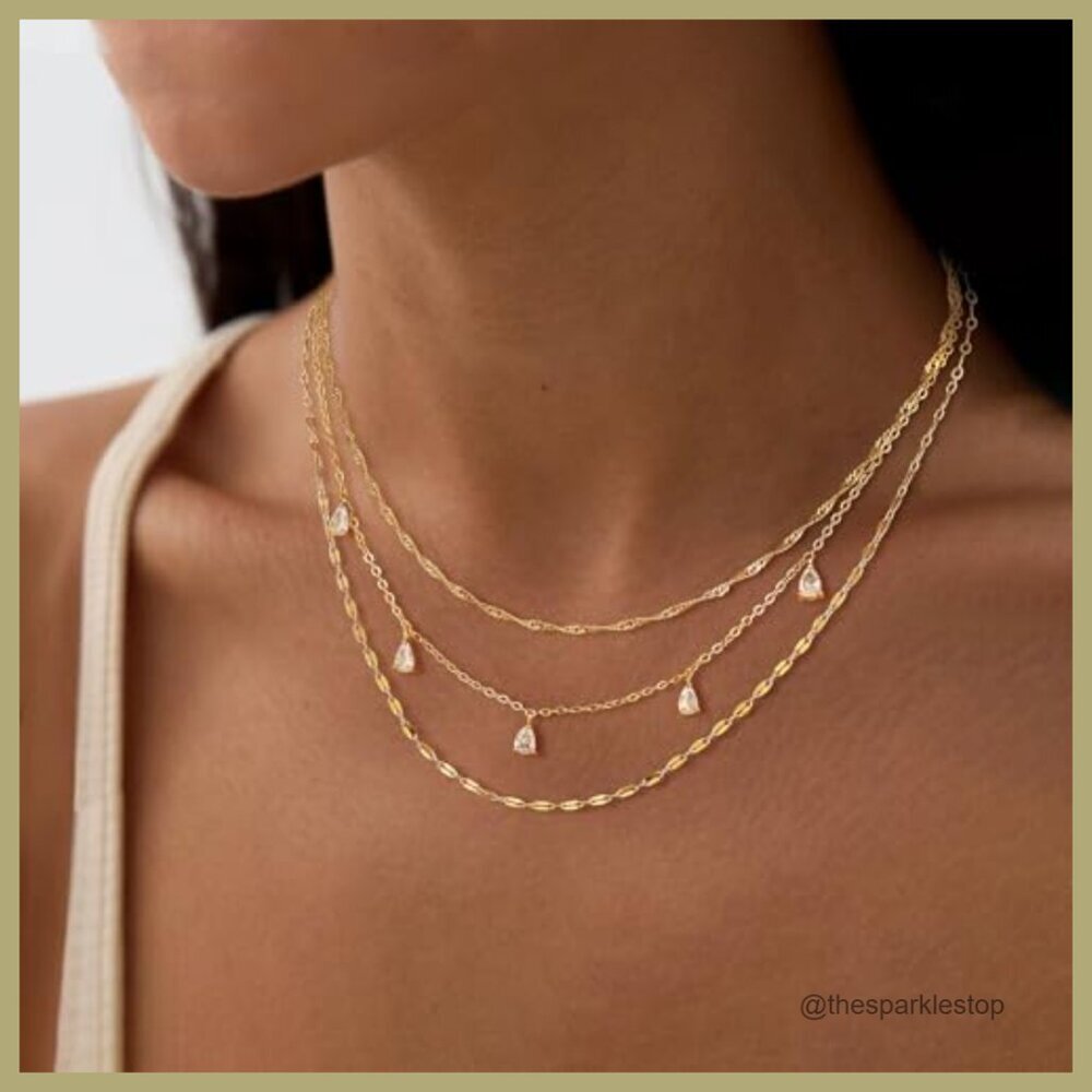 14k Gold Plated Layered Necklace Set with CZ Choker - Picture 2 of 7